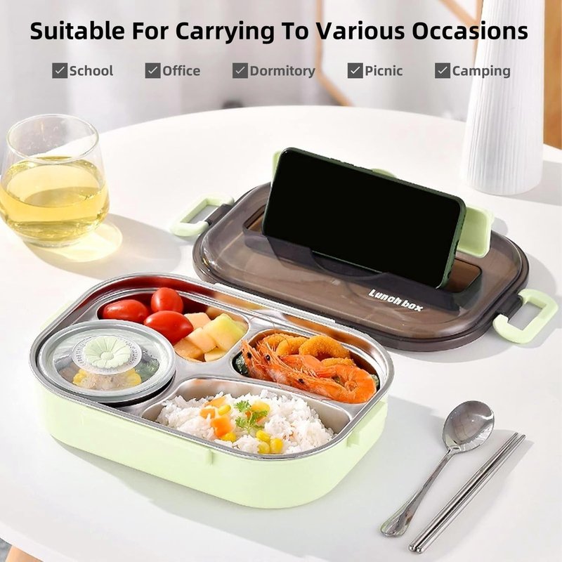 Insulated Lunch Boxes with a separate soup bowl,Stainless Steel Bento Box with Lid,4‑Grid Portable Box with Spoons,Chopsticks and Lunch Bag,Leakproof Lunchbox Set for Work Travel Camping (Green, 1.5L)