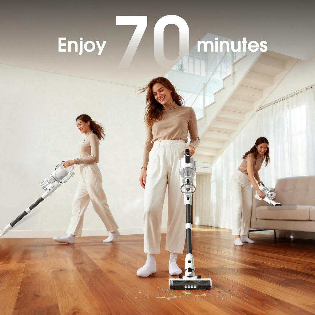 Skiennix Cordless Vacuum Cleaner - 600W, 50KPA Suction, 70-Min Runtime, LED Touch Screen, Lightweight, White