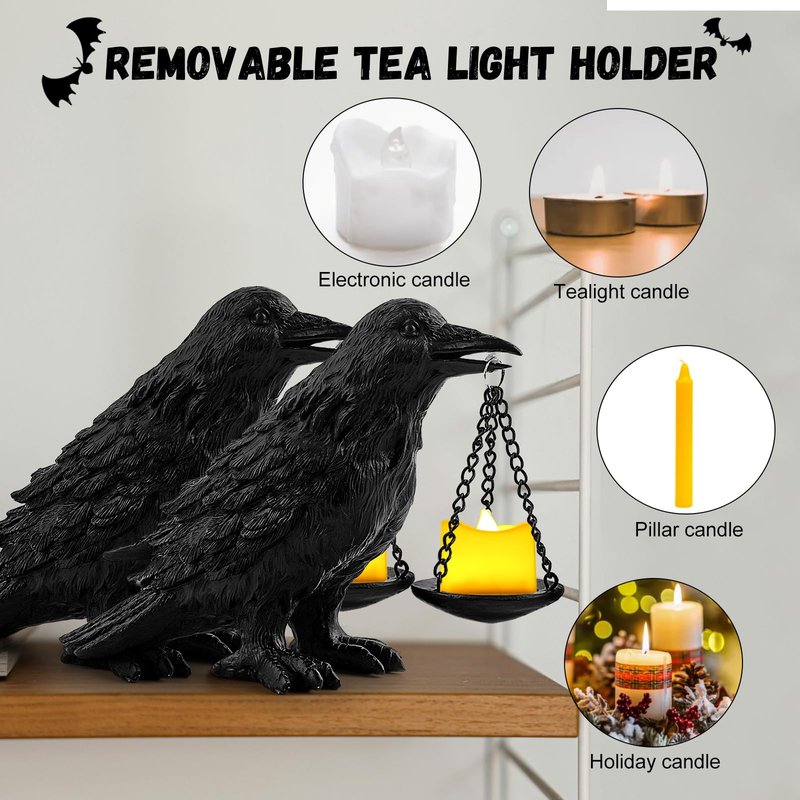 Gothic Crow Lamp with Tealight Candle Holder Resin Raven Decor Statue Gothic Home Decor for Bedroom Unique Goth Gifts Black 2PCS