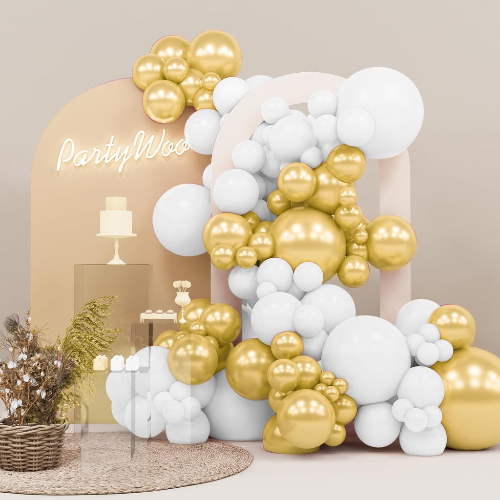 PartyWoo White & Gold Balloons - 140-Piece Set in Various Sizes for Stunning Birthday & Party Decor