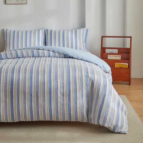 BESTDESIL Blue Duvet Cover Queen Size,3 Pcs Boho Tufted Duvet Cover Set,Striped Tufted Textured Duvet Cover with Corner Ties & Zipper Closure
