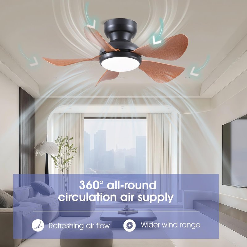 Kviflon 32 Inch Modern Ceiling Fans with Lights, Small Flush Mount Ceiling Fan with Light and Remote/APP Control, 5 Reversible 6 Speeds Curved Blades, 3 CCT Dimmable Lights for Kids Room, Brown