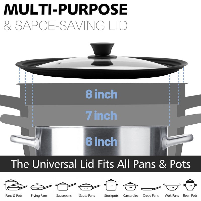 Anaeat Silicone Universal Lid for Pots, Pans and Skillets - Tempered Glass Covered with Heat Resistant Silicone Rim Fits 6", 7" and 8" Diameter Cookware -Easy to Use Replacement Frying Pan Cover