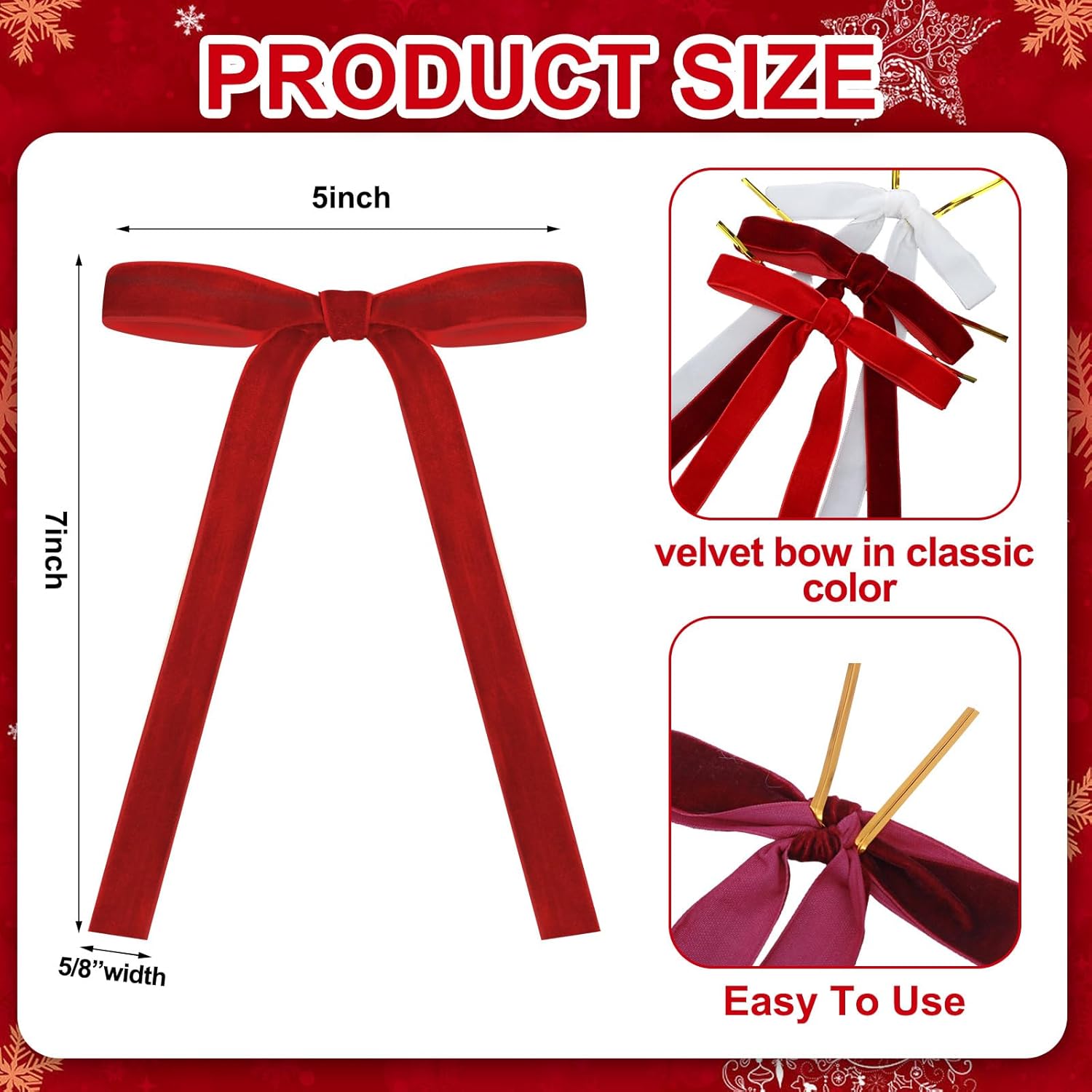 Skiennix Velvet Bows - 24 Pcs Vintage Ribbon for Christmas Tree & Crafts | 5x7 Inch, Red/Burgundy/White