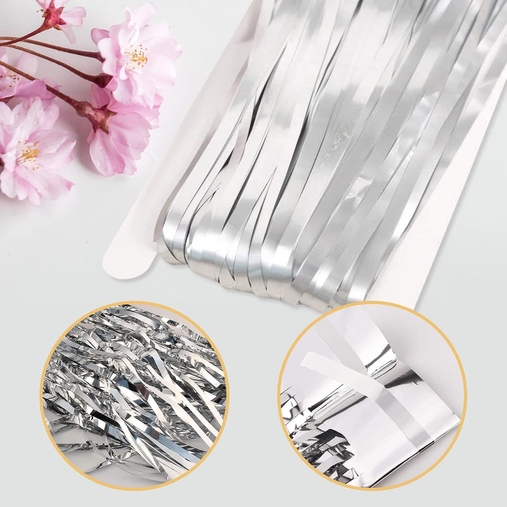 Skiennix Silver Foil Curtain Backdrop - 20 Pack Metallic Tinsel Fringe 3.2ft x 8.2ft for Parties & Photo Booths