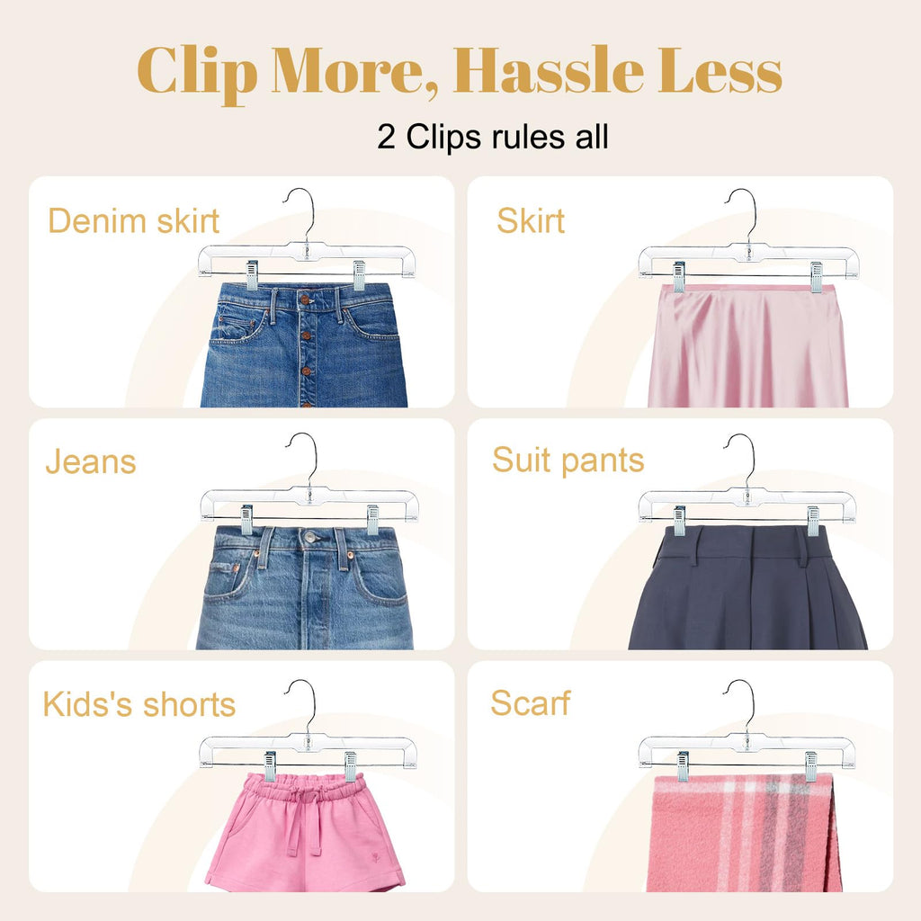 HOUSE DAY 50 Pack Skirt Hangers Pant Hangers with Clips, Clear Plastic Hangers for Pants, Skirts, Shorts, Versatile Use Clip Hanger, Retail Hanger
