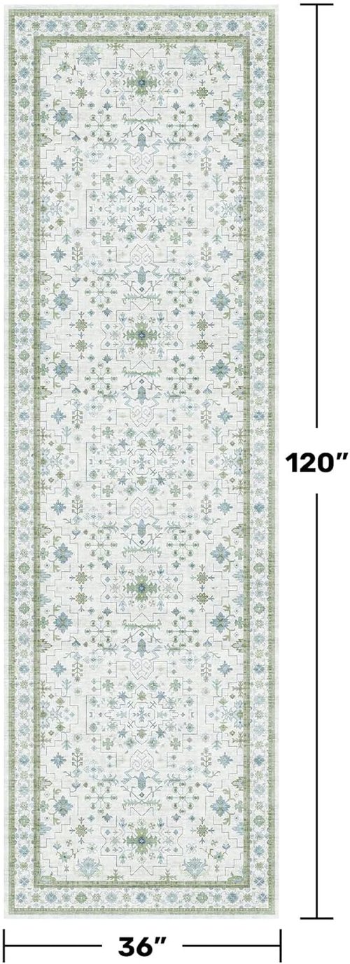 Hazo Haus Oushak 3x10 Wide Hallway Runner Rug - Vintage Turkish Floral Design | Washable Non-Slip Low Pile - Light Blue & Green