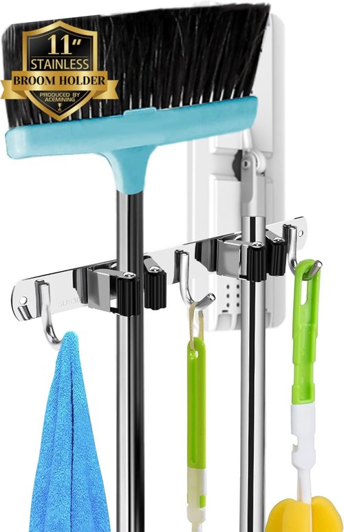 AceMining Wall-Mounted Broom and Mop Holder - 5 Racks & 4 Hooks | Heavy-Duty Stainless Steel Organizer