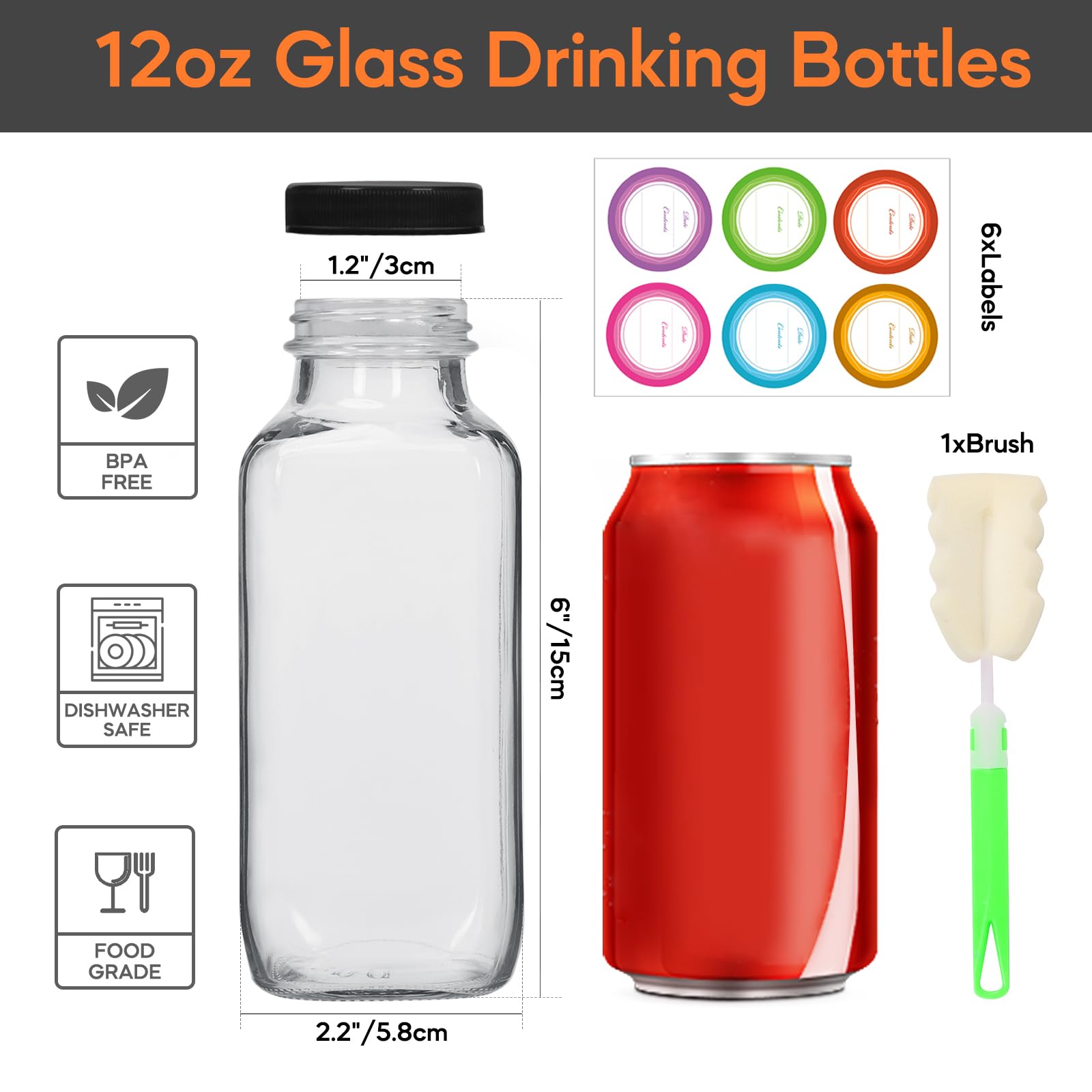 STARSIDE 12 oz 3 Pack Glass Juice Bottles with Lids - Square Reusable Drinking Jars for Juicing, Milk, Kombucha - Includes 1 Bottle Brush, 6 Colored Labels