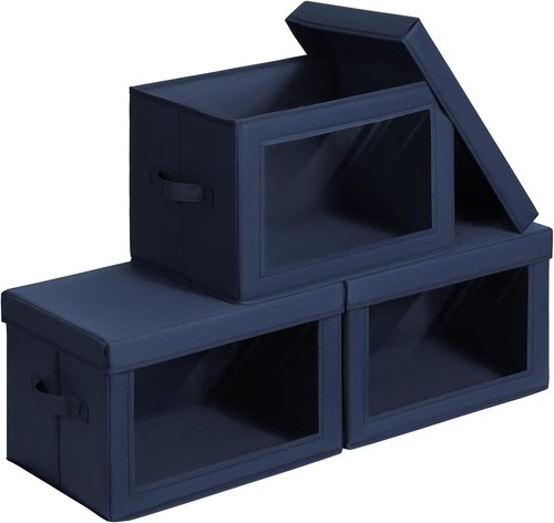 Homsorout Foldable Storage Boxes - Clear Window Clothes Organizers, Navy Blue, 3 Pack