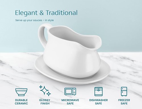 Kook Gravy Boat - 17 oz Ceramic Serving Dish with Tray | Microwave & Dishwasher Safe, White