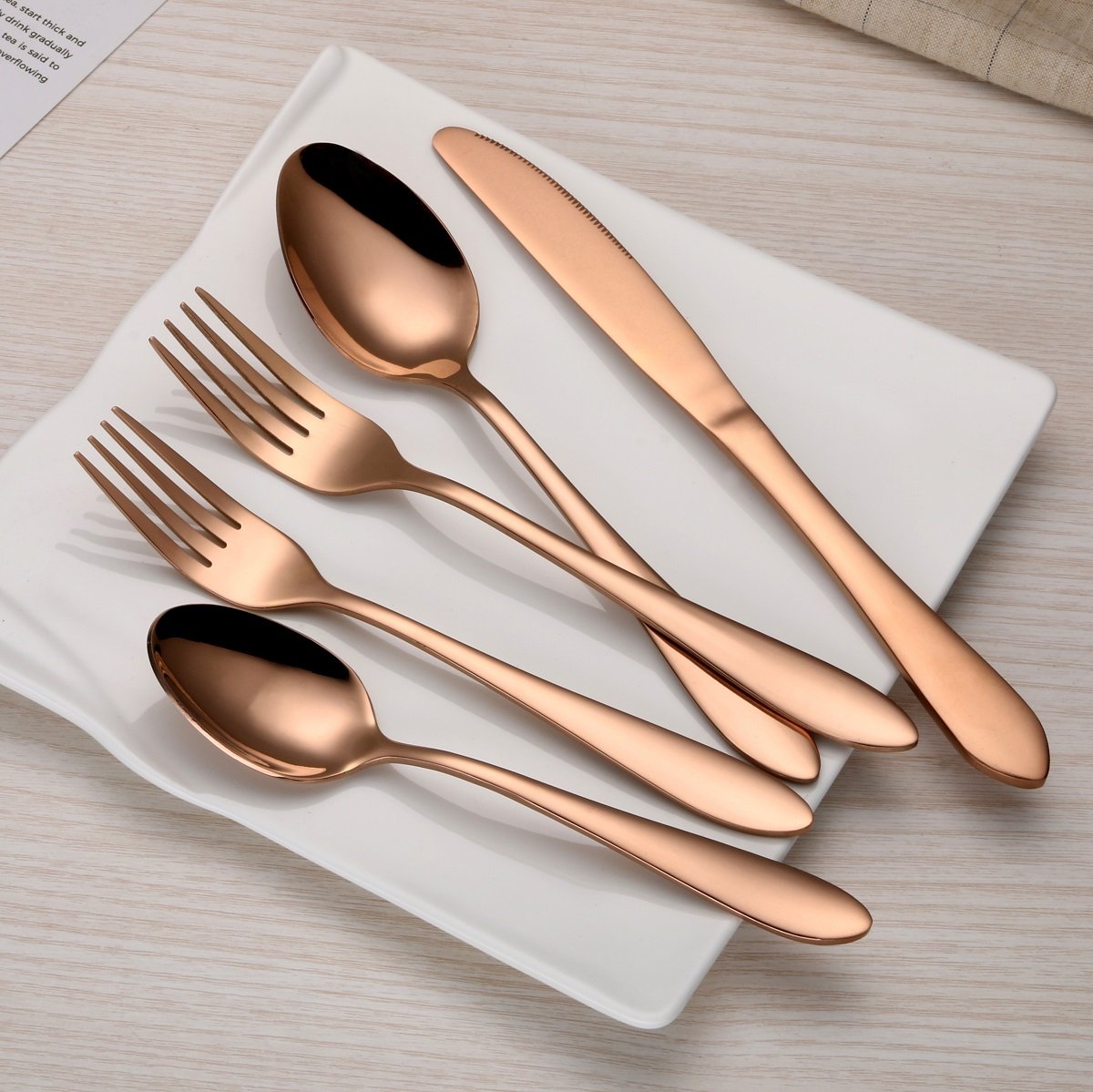 Titanium Rose Gold Plated Stainless Steel Flatware Set 20 Piece, Rose Gold Flatware Set, Copper Silverware Set Service for 4 (Shiny copper)
