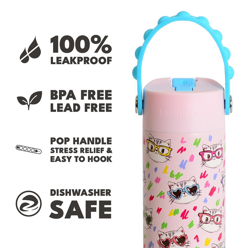 Elemental Insulated Kids Water Bottle, Stainless Steel Water Bottle with Straw Lid & Pop-It Handle, Leak-Proof Water Bottles for School, Boys or Girls, Travelling and Sports, 18oz - Stylish Cat