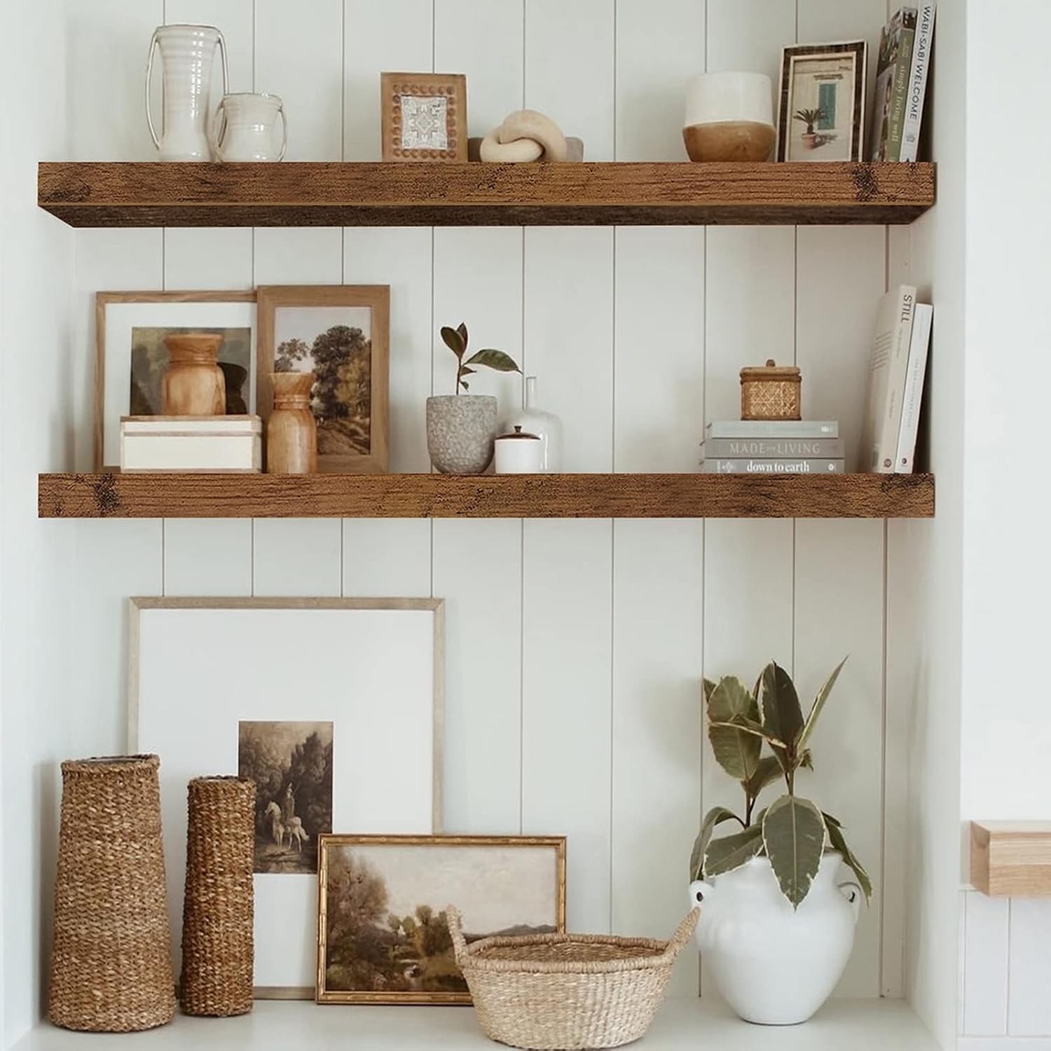 QEEIG Floating Shelves - Rustic Brown Wall Mounted Display Shelves | Set of 2, 35.4" x 9.3" for Home Decor