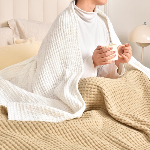 PHF 400GSM 100% Washed Cotton Waffle Weave Blanket, Cozy Breathable Skin-Friendly Throw King Size for All Season, Luxury Fall Layer for Couch Bed Sofa, Elegant Home Decor, Coconut White,104"x90"