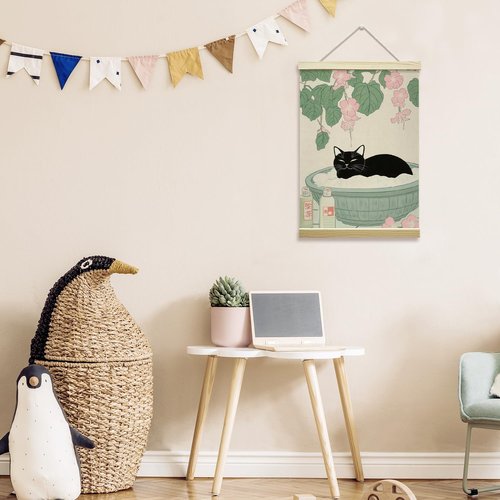 LETUROIA Japanese Cat Bathroom Poster Frame - Black Cat Aesthetic Canvas Wall Art (12x16") for Home Spa Decor