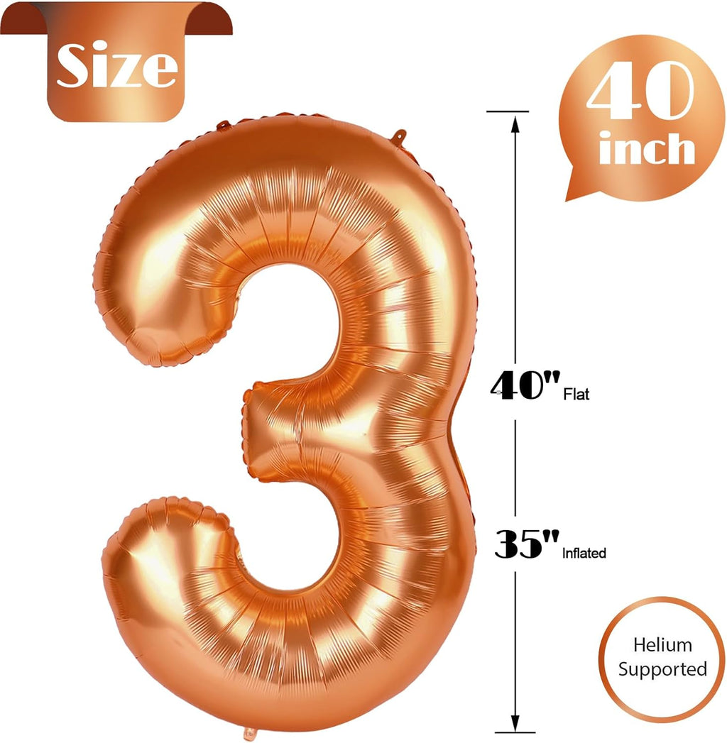 Orange 3 Balloon - 40 Inch Number Balloon for 3rd Birthday Party Decorations | Vibrant Orange Party Supplies