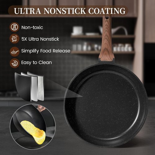Kikcoin 16-Piece Non-Stick Ceramic Cookware Set - Induction-Compatible Kitchen Pots & Pans, Black