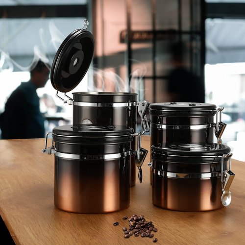 malmo Coffee Canister, Airtight Coffee Container with Date Tracker Lid, Stainless Steel Canister for Kitchen Food Storage (Black-Copper, 16oz)