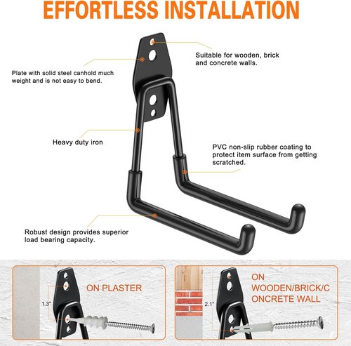 HUPBIPY Heavy Duty Garage Hooks - 4 Pack U-Shaped Wall Mounted Tool Organizer | 5.1 Inch Size for Ladders & More