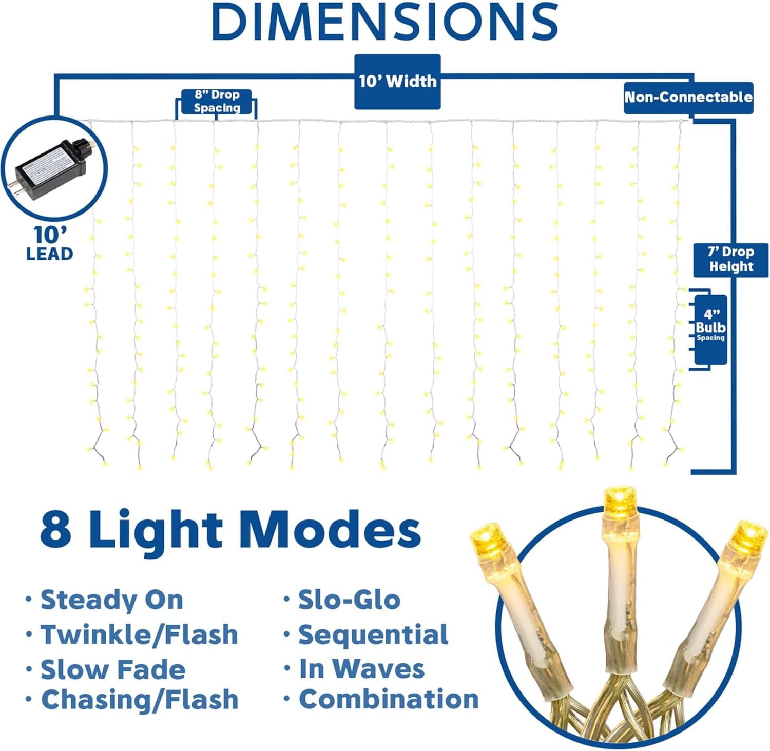 Novelty Lights LED Curtain Light Set - 300 Warm White LEDs | 8 Functions, Clear Wire Design