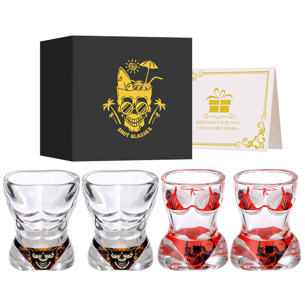 Muscle Man & Bikini Glass Shot Glasses, Personality Skull Design, 30ml Heavy Base Shot Cups Set of 4 with Gift Box for Alcohol Shots, Vodka, Expresso, Tequila & Dessertsor Birthday Christmas Gift