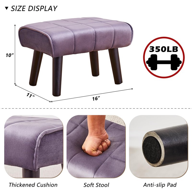 Wimarsbon Small Foot Stool Ottoman Modern Accent Step Stool Seat with Solid Wood Legs Velvet Soft Padded Pouf Ottomans Sofa Footrest Stools 16 inch for Couch Living Room Entryway 2 PCS Grey