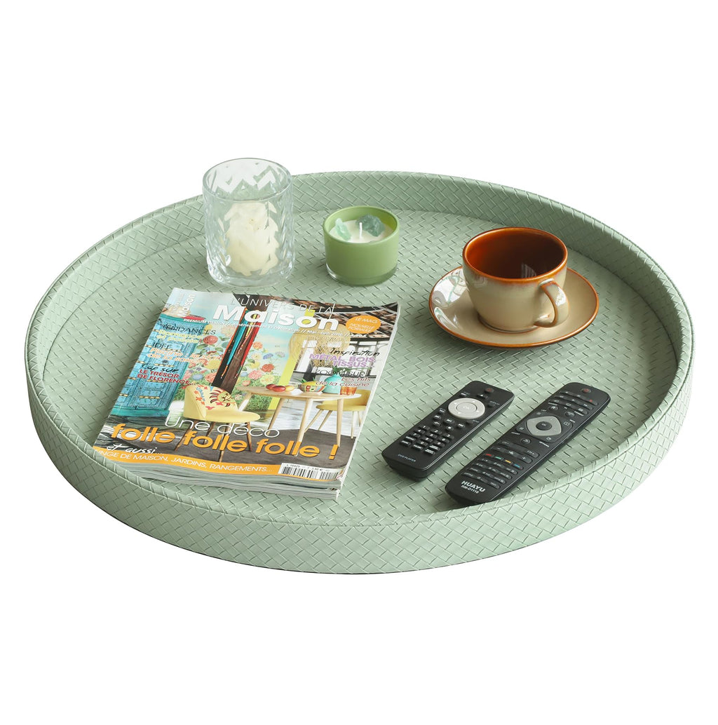 HofferRuffer Large Round Serving Tray 24'', Elegant Faux Leather Circle Ottoman Table Tray, Serve Tea Coffee Breakfast in Bedroom Living Room Kitchen (Light Green)
