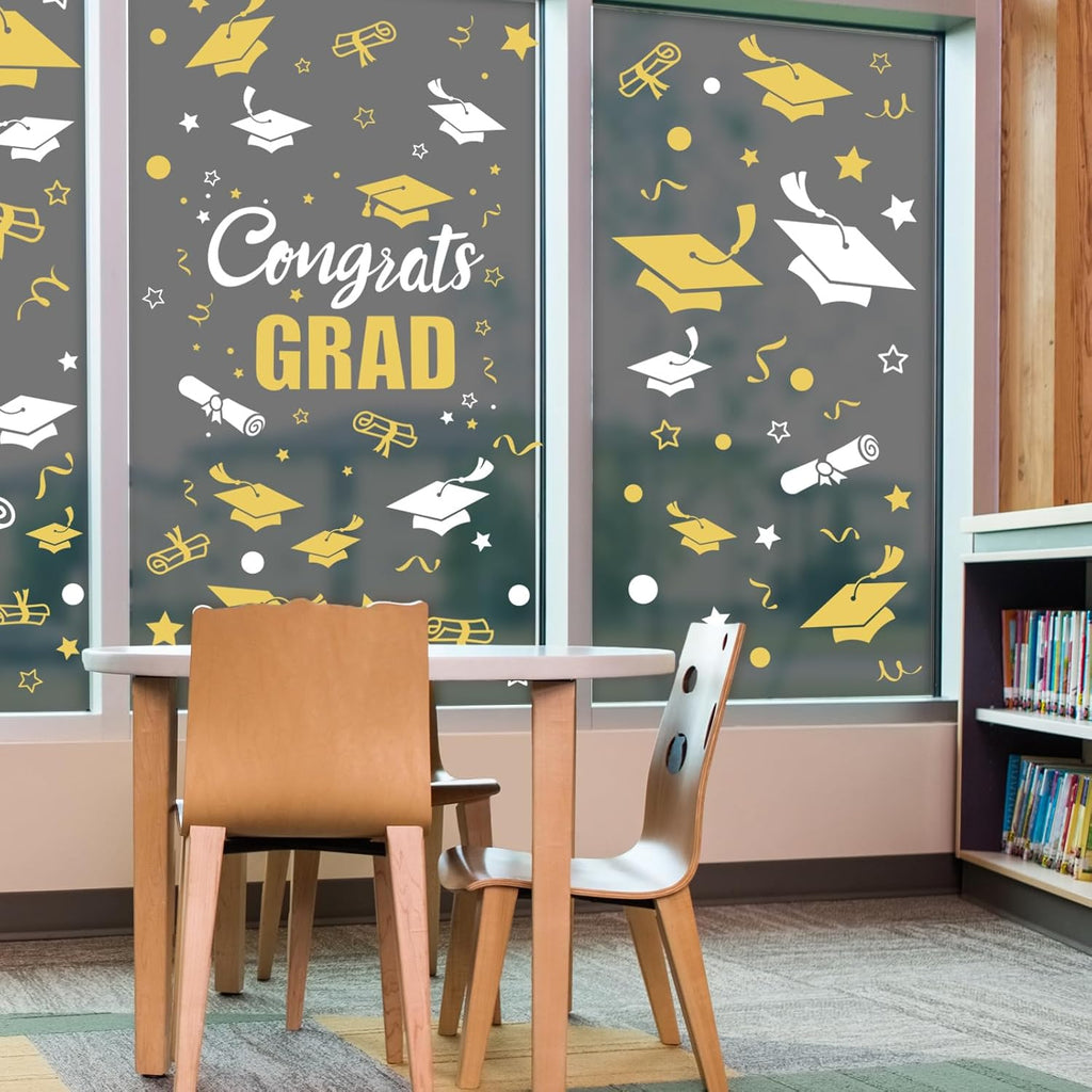 Whaline Graduation Window Clings - 236 Pcs Double-Sided White & Gold Cap & Diploma Decor | Perfect for College Seniors