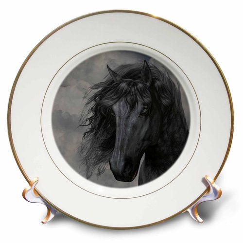 3dRose cp_172942_1 A Black Frisian Horse Portrait in a Cloudy Sky-Porcelain Plate, 8-Inch