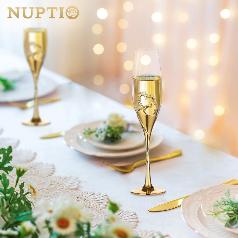 NUPTIO Champagne Flutes Wedding Gifts: Gold Toasting Glasses for Bride and Groom Heart Wine Cups Crystal Flute Anniversary Engagement Gift for Couples Hostess Mr Mrs 6.76oz