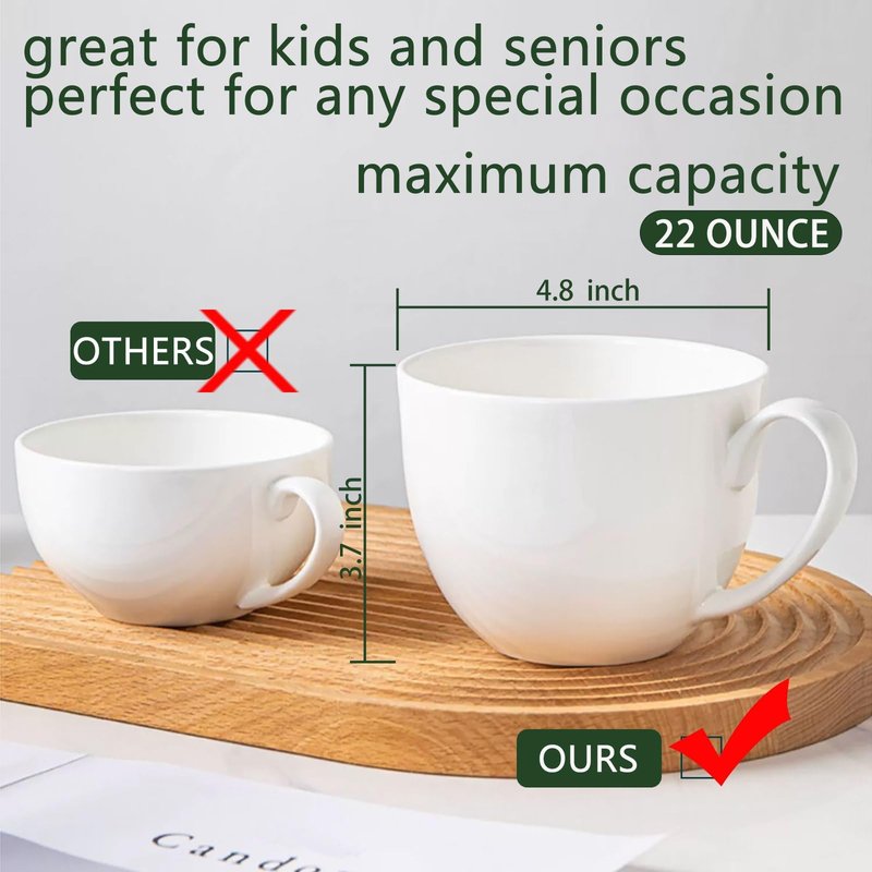 Chulan Extra Large White Bone China Cereal Mugs, 22 oz Ceramic Coffee Mug Set of 6, Latte Mugs Mocha Tea Cup, Jumbo Porcelain Soup Mugs with Big Handle for Desserts Snack, Microwave ＆ Dishwasher Safe