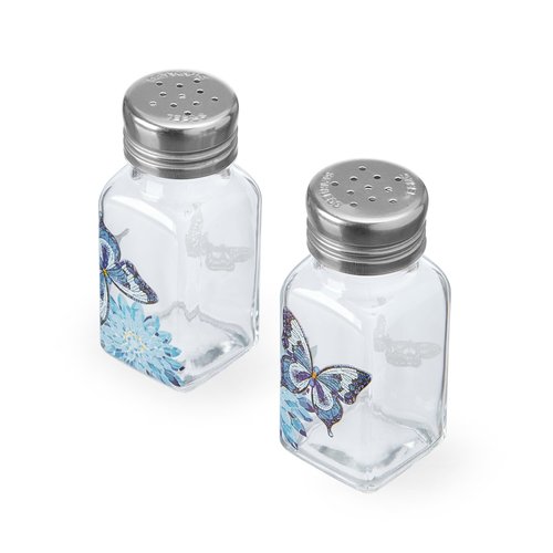 Dolly Parton Glass Salt and Pepper Shakers with Mosaic Flowers and Butterfly Design, Easy to Fill, Set of 2, 3 Ounce