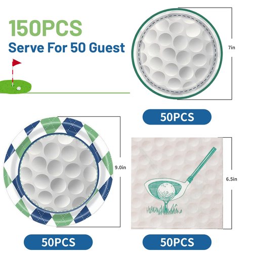 RVXHUA 150PCS Golf Party Decorations - Disposable Plates and Napkins for 50 Guests, Paper Tableware Supplies for Birthday Parties, Baby Shower, Game Day, Team Event, and Themed Celebration