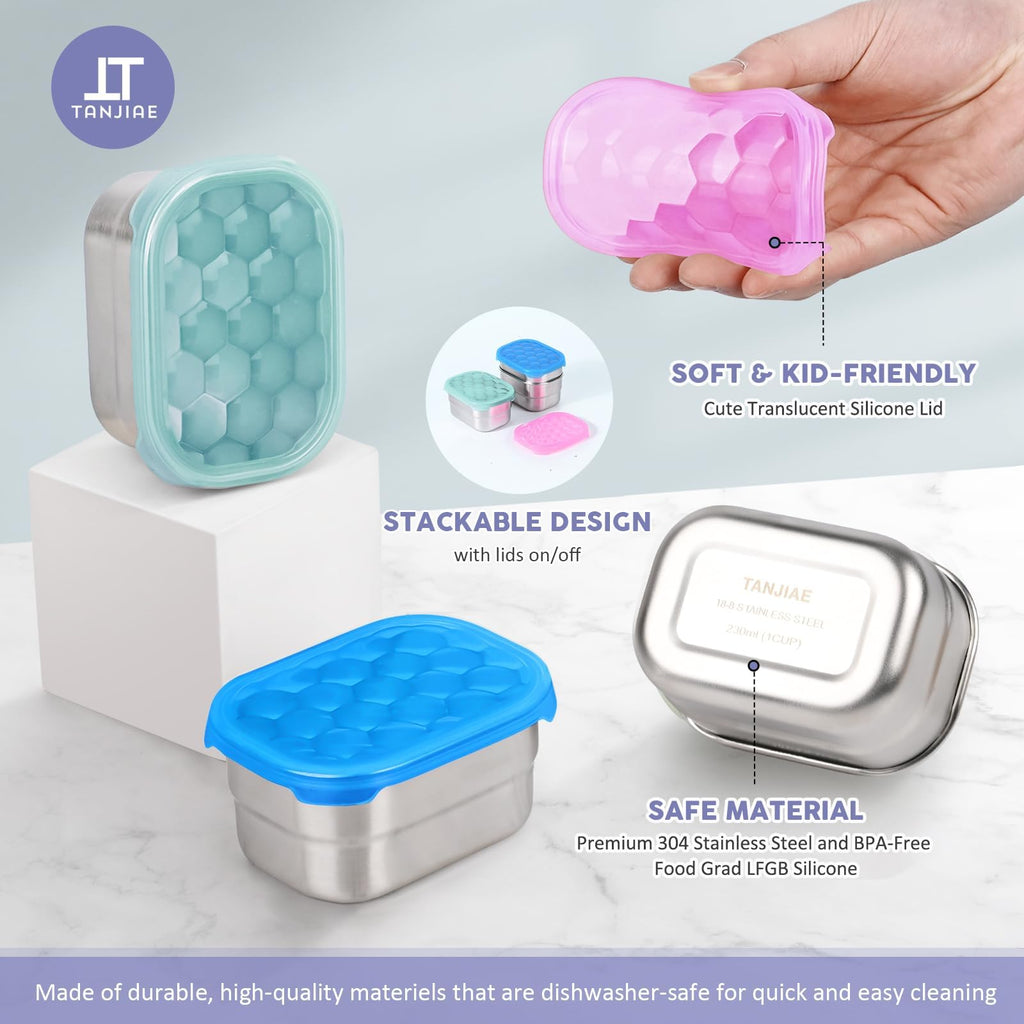 Tanjiae Snack Pro - Small (1 CUP) Stainless Steel Snack Containers for Kids | Easy Open Leak Proof Food Containers with Silicone Lids - Perfect Metal Toddler Lunch Box for Daycare and School (8oz*3)