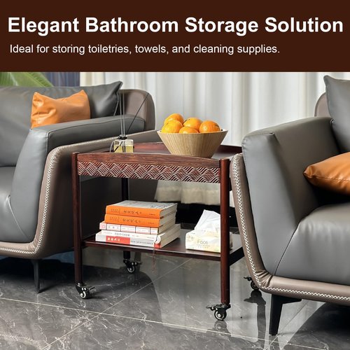 MinBoo Wooden Sofa Side Table with Wheels, 2-Tier Rolling Tea Cart and Coffee Cart, Mobile Storage Cart with Drawers for Kitchen, Bedroom, Office, Home Bar, and Pantry Organization