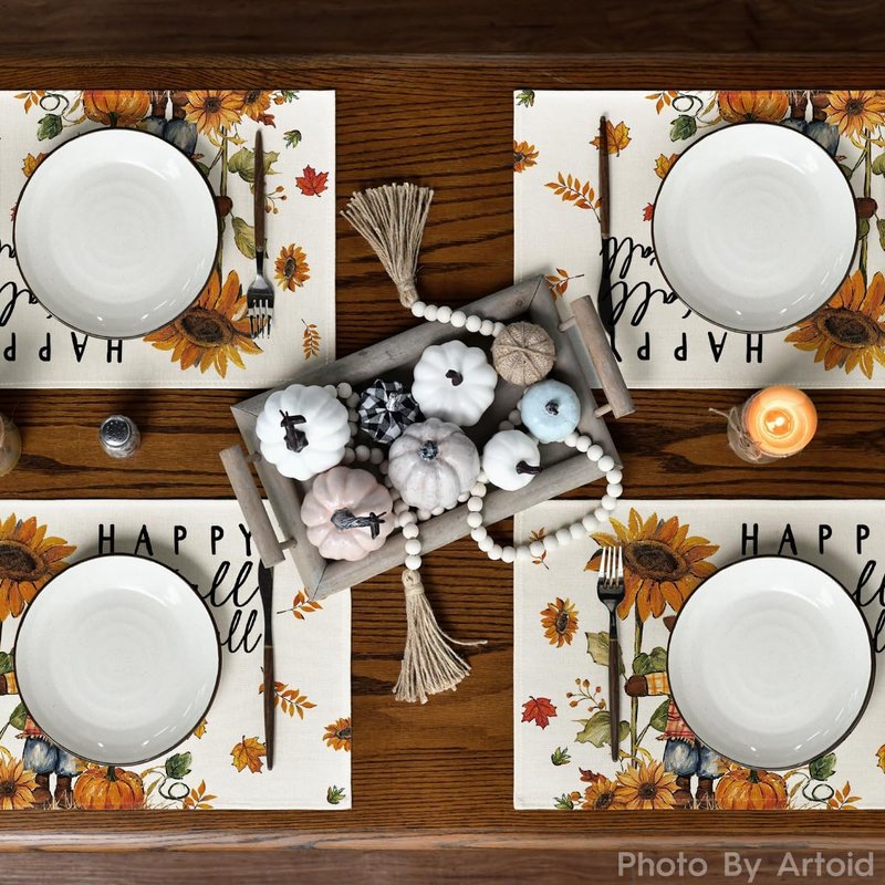 Artoid Mode Happy Scarecrow Leaves Fall Placemats Set of 6, 12x18 Inch Seasonal Thanksgiving Holiday Table Mats for Party Kitchen Dining Decoration