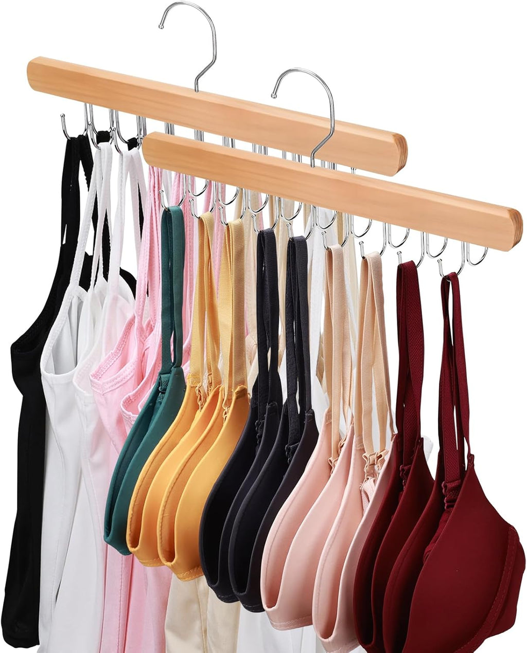 NECAMOCU Premium Wooden Bra Hanger - 2 Pack Closet Organizer with 36 Foldable Hooks & 360° Rotation