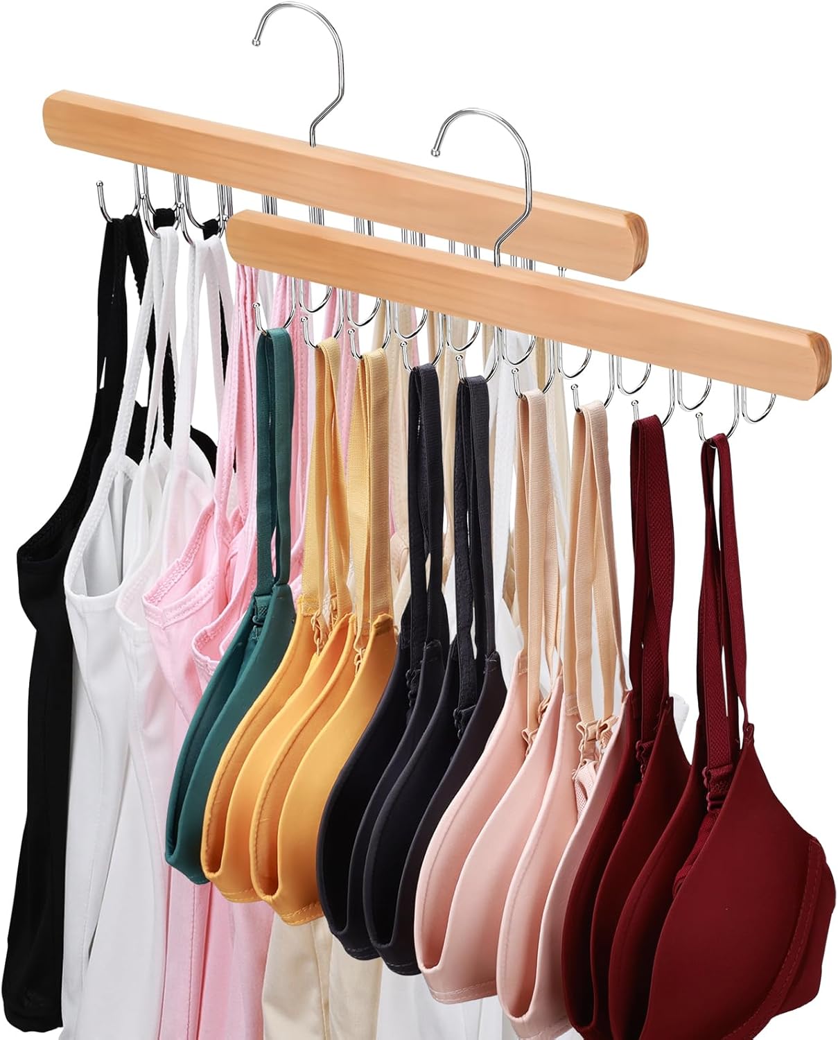 NECAMOCU Premium Wooden Bra Hanger - 2 Pack Closet Organizer with 36 Foldable Hooks & 360° Rotation