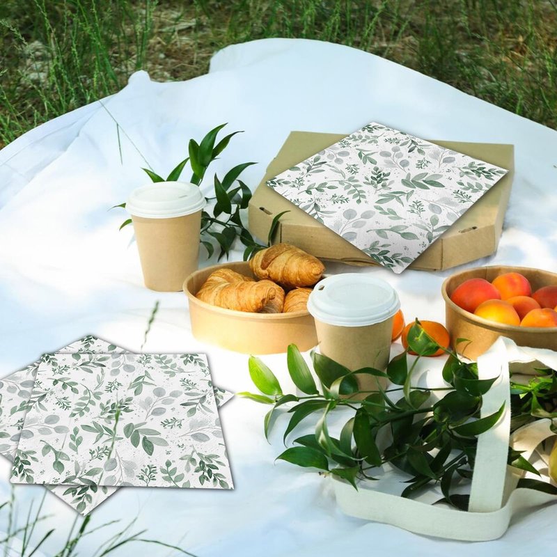 Kamiilah 80 Pack Spring And Summer Green Leaf Napkin 6.5×6.5 Inch Disposable Decorative Watercolor Eucalyptus Leaves Plant Picnic Dessert Dinner Party Wedding Supplies Napkin