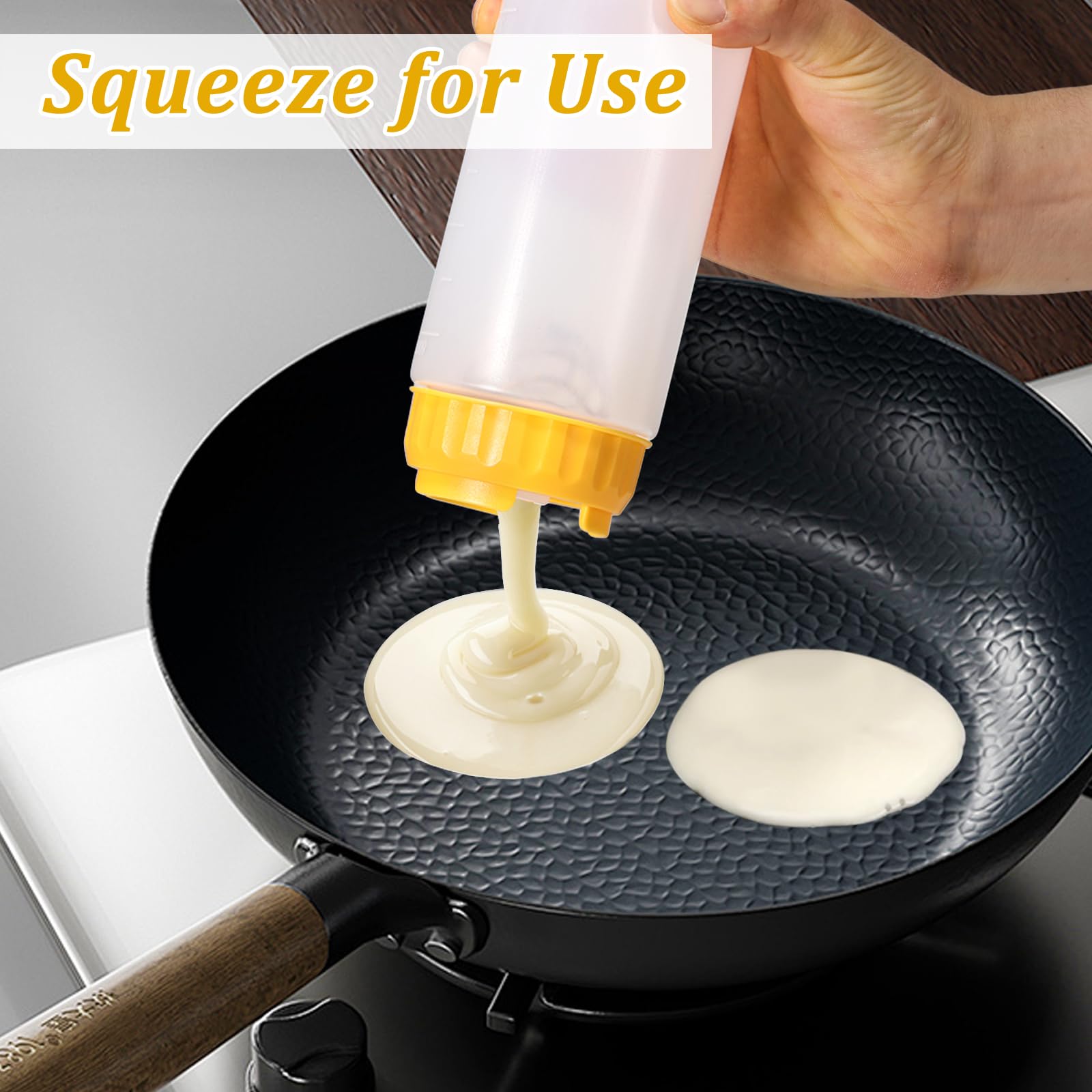3 Pack Pancake Batter Dispenser and Mixer with BlenderBall Wire Whisk, Pancake Shaker Batter Dispenser, Kitchen Batter Bottle Squeeze for Cupcakes, Muffins, Crepes, Breakfast Art, and More (Yellow)