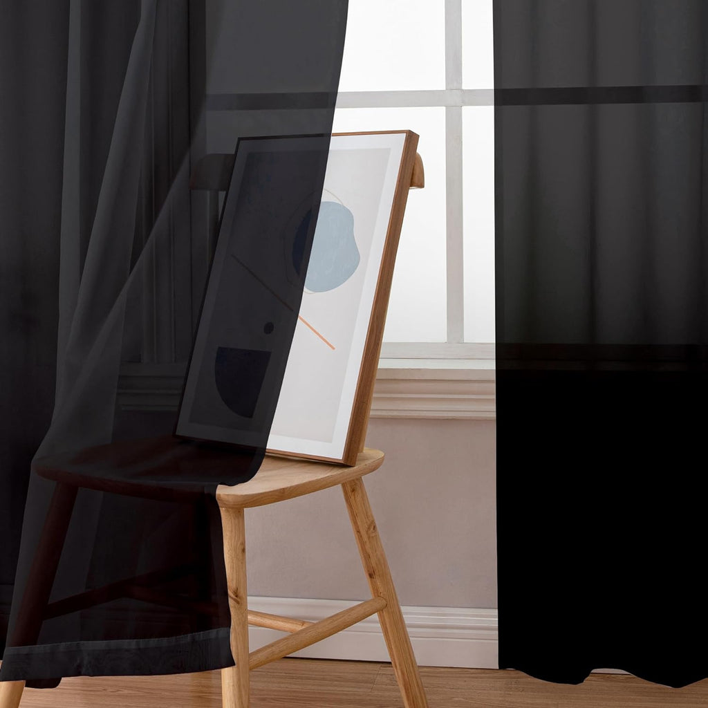 Simplebrand Black Sheer Curtains - Elegant Light Filtering Rod Pocket Panels | 84" Long, 42" W (Set of 2)