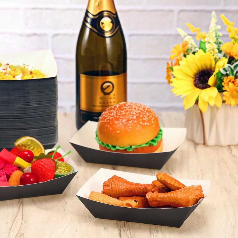 Yinkin 200 Pcs Paper Boat Disposable Graduation Food Trays Nacho Trays Kraft Paper Boats for Tacos Concession Party Supplies(2lb,Black)