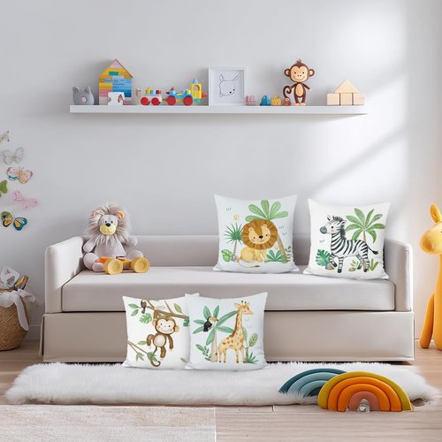 Bonhause Animals Print Throw Pillow Covers 18 x 18 Inch Set of 4 Monkey Giraffe Lion Zebra Toucan Palm Tree Soft Velvet Decorative Pillow Cases for Couch Sofa Bed Kids Room Decor