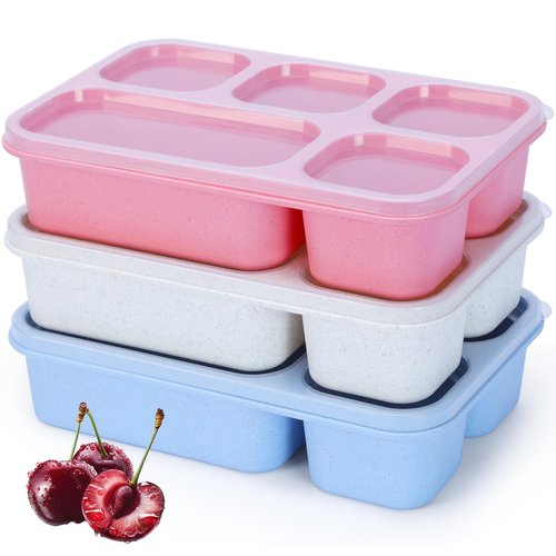 Rinwoc Bento Box Adult [Portion Size], 3 Pack Snack Containers with 5 Compartments for Meal Prep & On-the-Go [Work, Travel], Lunchable Container Reusable and BPA-Free