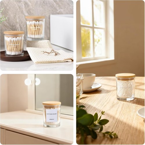 Glass Qtip Holder Set by [Brand Name] - 2 Pack Bathroom Organizer with Lid for Cotton Swabs & Makeup Storage