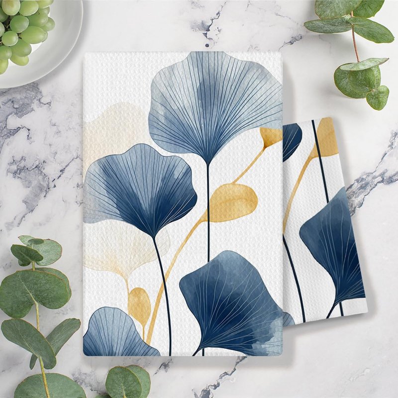 COWEB Boho Botanical Kitchen & Bath Towels - Navy & Golden Ginkgo Leaves, Mid Century Modern Decor, 16x24 Inch