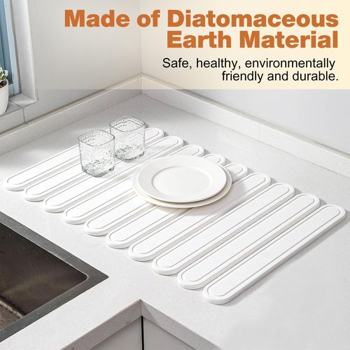 HonyQiShuo Stone Drying Mat for Kitchen Counter, Large Stone Dish Drying Mat Foldable Diatomaceous Earth Water Absorbing Mat for Dishes Bottles Cups Match Any Countertop White 24" x 16"