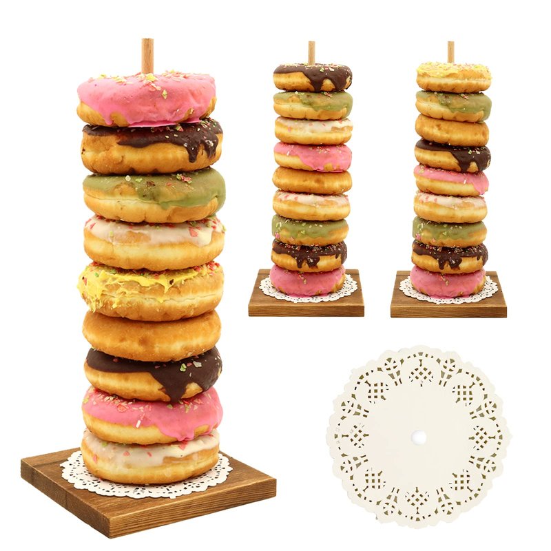 YESSAP Farmhouse Donut Stand with Doilies, 3PCS Wooden Donut Holder Display 27 Donuts, Reusable Bagel Donut Holder Stands for Wedding Birthday Party Decoration Baby Shower