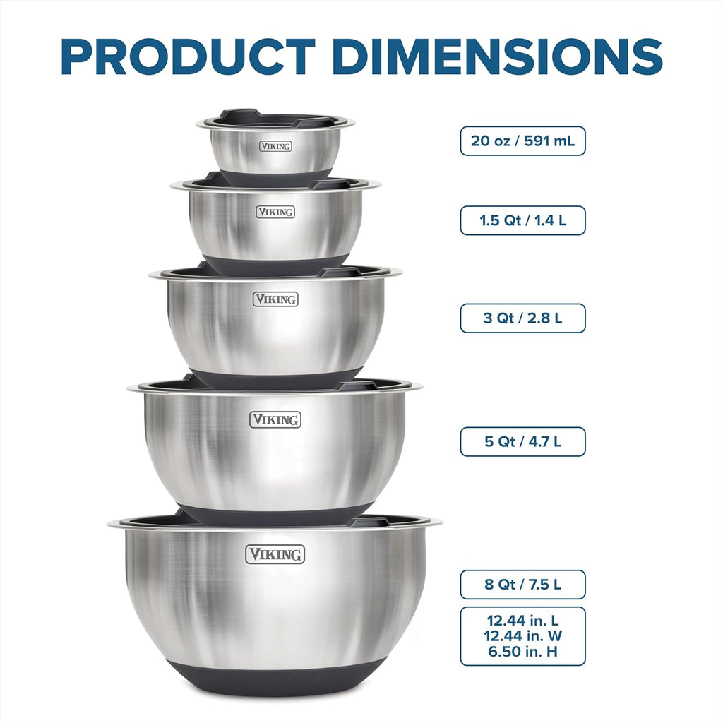 Viking Mixing Bowls Set - 10 Piece Stainless Steel Cookware with Non-Slip Silicone Base & Lids | Black
